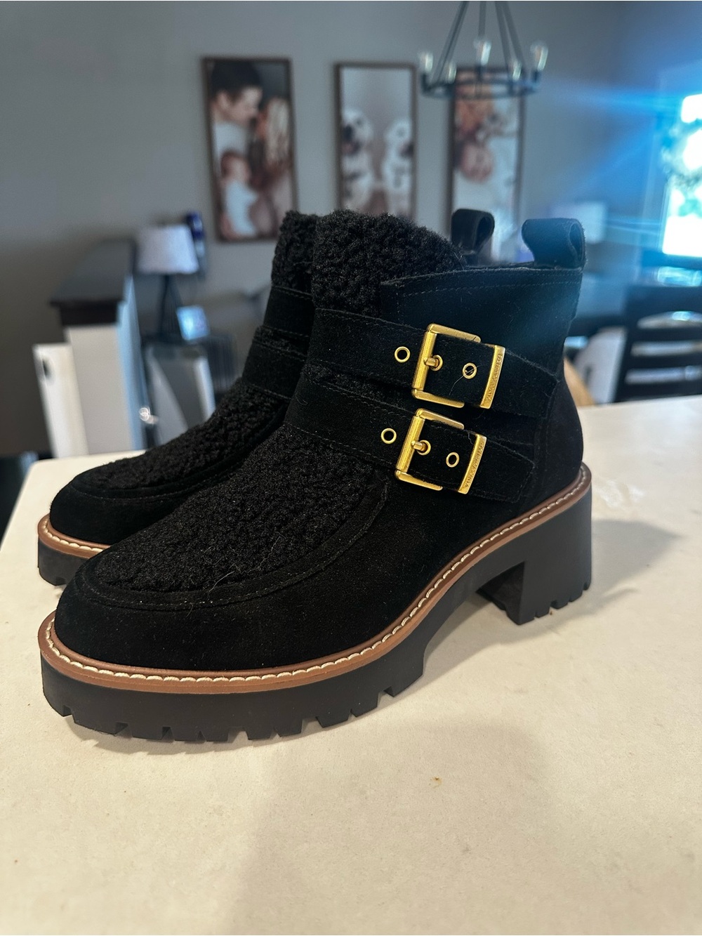 Vince camuto Black Suede Quilted Ankle Boots with Gold Buckles - Women - sz 6